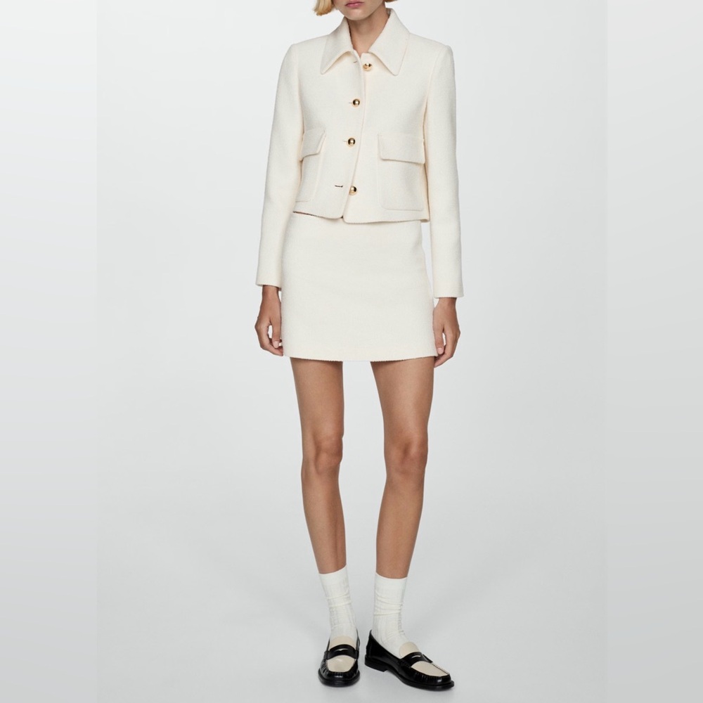 Mango Cream Cropped Button-Front Tweed Ecru Blazer/Skirt set